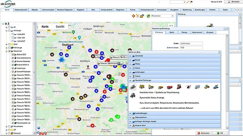 Screenshot der Telematik-Software für Baumaschinen-Ortung von Arealcontrol