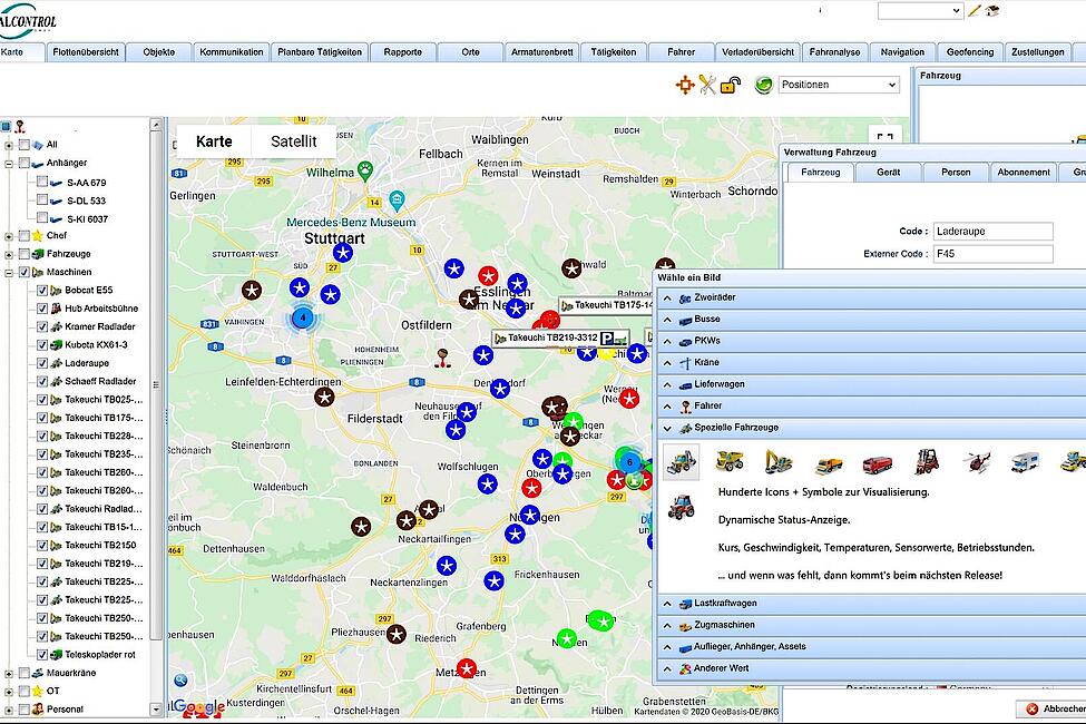 Bildschirm der Telematik-Software von Arealcontrol für Pkw, Busse und Transporter